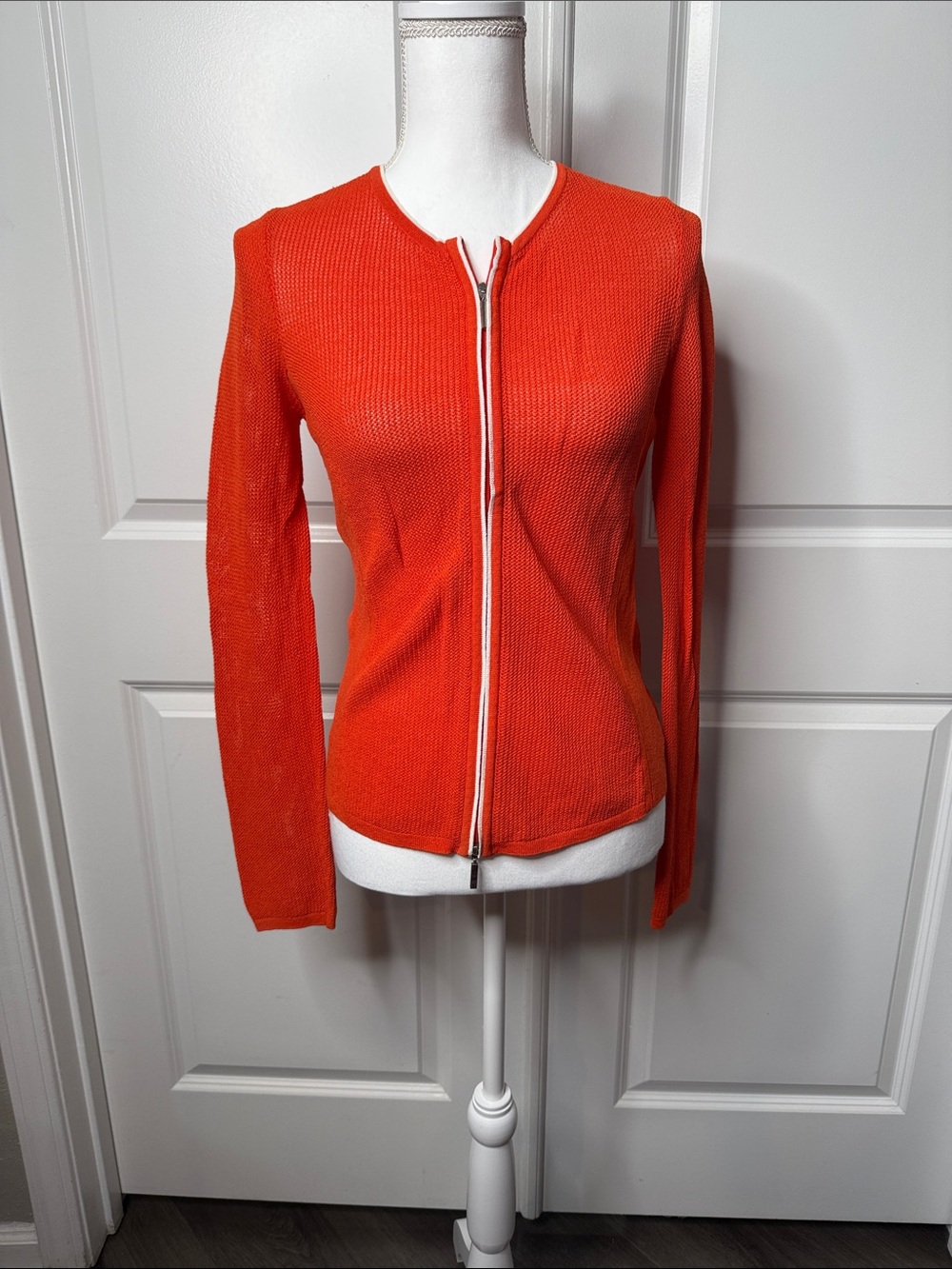 Adrienne Vittadini Orange Zip-Front Knit Mesh Jacket Summer Sweater Size XS